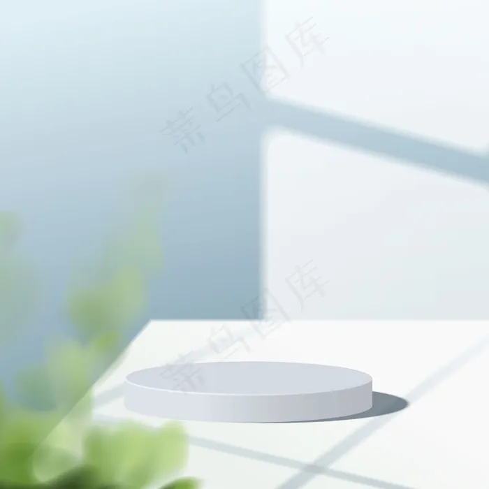 具有几何形式的抽象极小场景。蓝色背景的圆柱形白色讲台，带树叶。产品展示，实体模型样机，展示化妆品，讲台，舞台台座或平台。三维