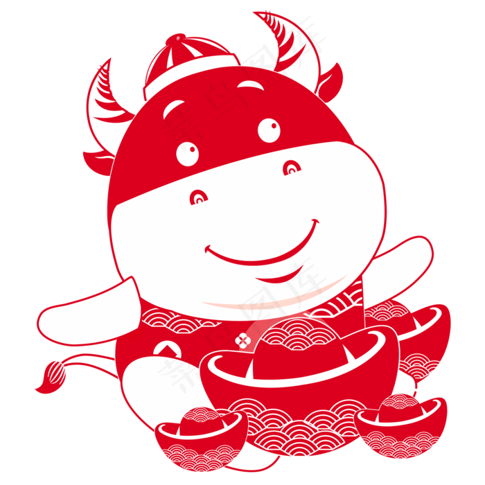 喜庆金元宝剪纸牛(2000*2000px 300 dpi )ai矢量模版下载