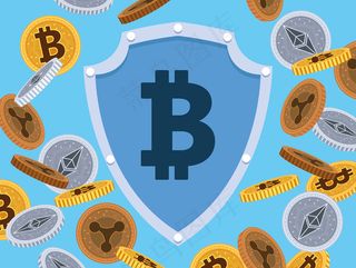盾形比特币符号与加密币图案矢量图解设计