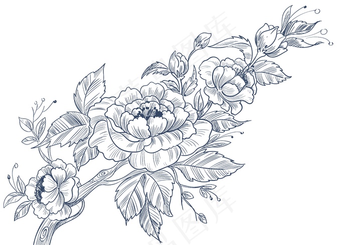 素描风格的现代装饰花卉背景eps,ai矢量模版下载