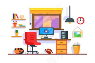 带桌椅和电脑的工作间