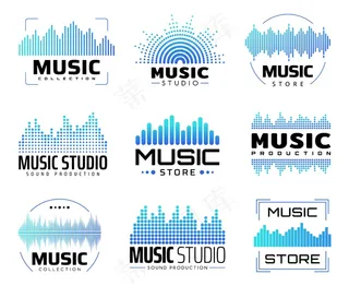 带有均衡器的音乐图标、带有音频或无线电波或音频线的符号。