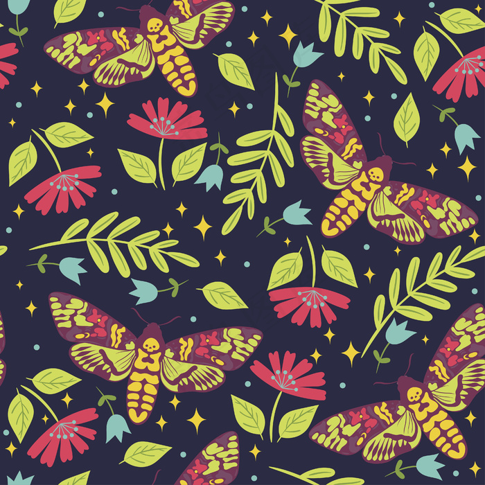 无缝图案，飞蛾死头。绘图。