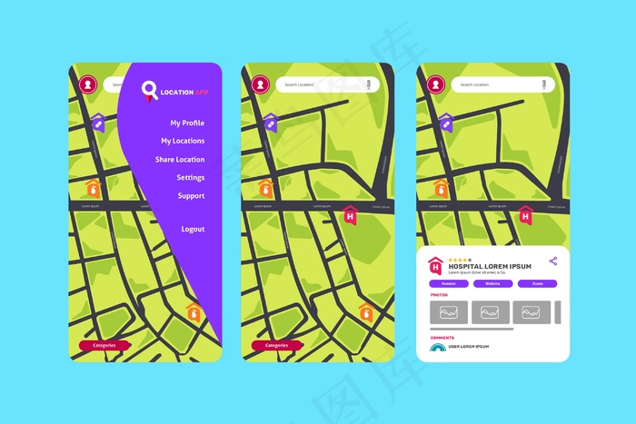 位置应用程序app屏幕集合eps,ai矢量模版下载