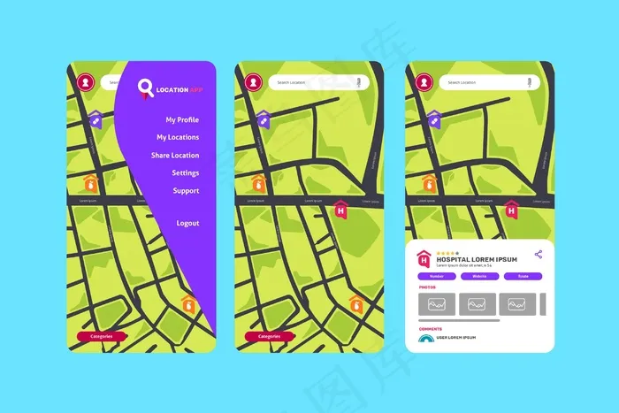 位置应用程序app屏幕集合eps,ai矢量模版下载