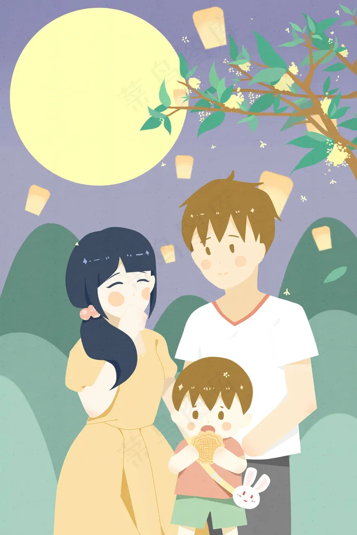 中秋节圆月团圆小清新童趣中秋(3545X5315(DPI:300))psd模版下载
