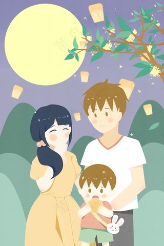 中秋节圆月团圆小清新童趣中秋