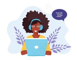 社交网络的例证。戴着耳机使用笔记本电脑的女士