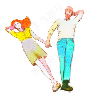 手绘躺在草坪的上的情侣