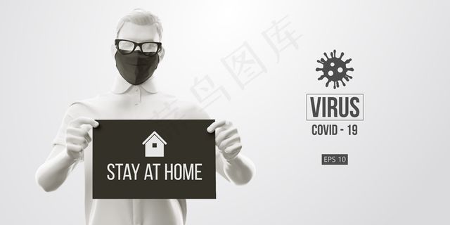 新型冠状病毒。黑色背景上戴着黑色面具的男人。呆在家里。在家工作。医用口罩和病毒防护。