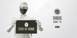 新型冠状病毒。黑色背景上戴着黑色面具的男人。呆在家里。在家工作。医用口罩和病毒防护。