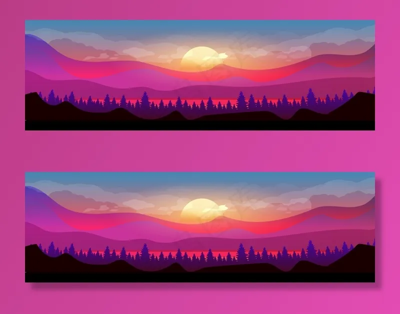日落在山平面彩色矢量插图。针叶林。树林在地平线上。野性。冷杉树和山丘二维卡通景观与太阳和云在紫色的天空为背景eps,ai矢量模版下载