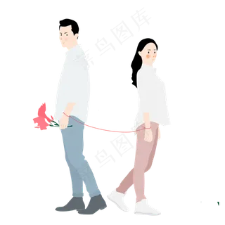 背靠背牵着红绳子的情侣元素