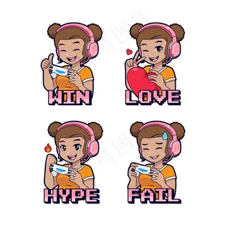 可爱的黑皮肤游戏女孩贴纸和徽章集