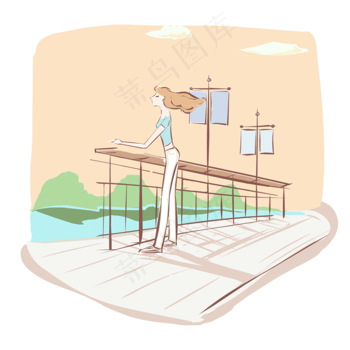 卡通时尚美女眺望插画