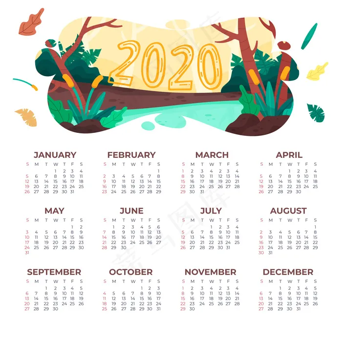 自然2020日历模板eps,ai矢量模版下载