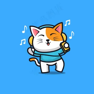 可爱的猫戴着耳机听音乐