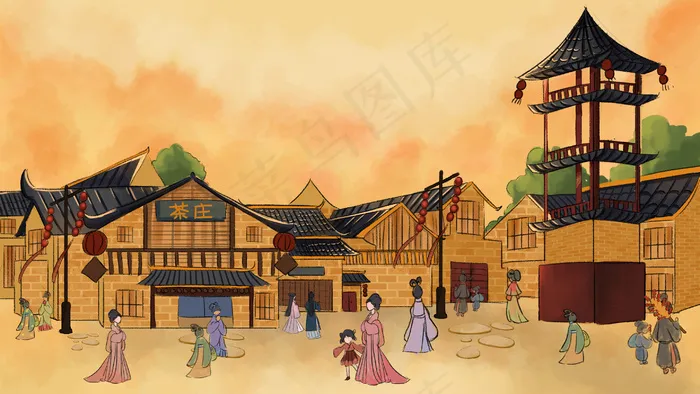 中国风茶庄街道商业文化(2880*1620px 300 dpi )psd模版下载