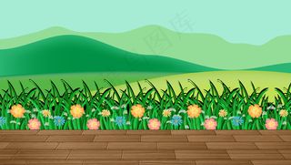 山地背景下的花田和绿草