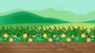 山地背景下的花田和绿草