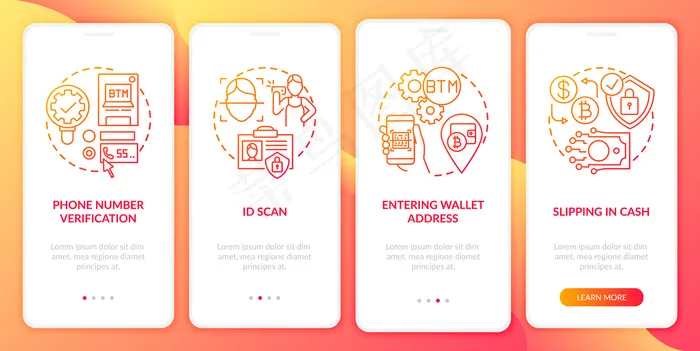 比特币atm验证步骤登入手机app移动应用程序app页面屏幕与概念。购买现金或借记卡演练5个步骤的图形说明。带有rgb颜色插图的ui模板eps,ai矢量模版下载