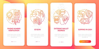 比特币atm验证步骤登入手机app移动应用程序app页面屏幕与概念。购买现金或借记卡演练5个步骤的图形说明。带有rgb颜色插图的ui模板