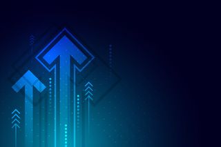 深蓝色背景上的亮箭头向上电路，带有复制空间复制插图，业务增长概念。
