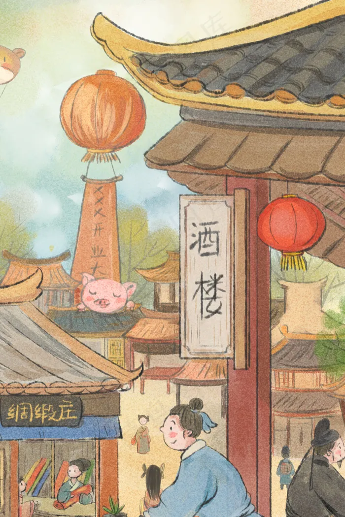 新中国风主题之古代人物生活商业街景色(3545*5315px 300 dpi )psd模版下载