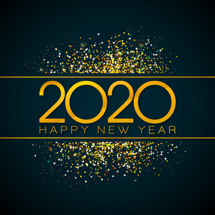 2020年新年快乐插图，黑色背景上有金色数字和飘落的五彩纸屑。eps,ai矢量模版下载