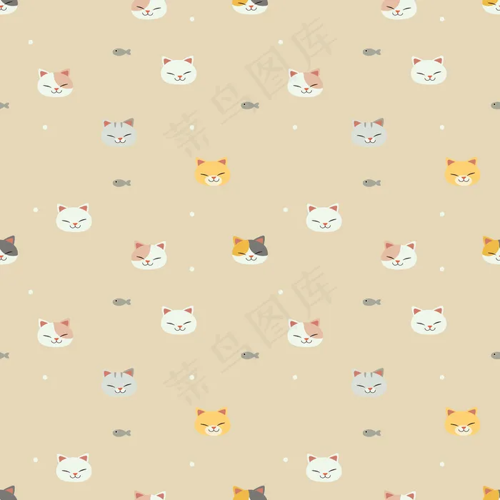 黄色背景上猫和鱼的无缝图案。可爱的猫微笑的图案。可爱的鱼的图案eps,ai矢量模版下载