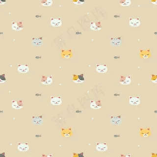 黄色背景上猫和鱼的无缝图案。可爱的猫微笑的图案。可爱的鱼的图案