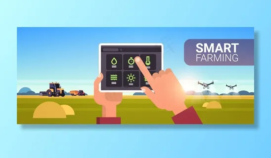 农民双手使用平板电脑控制拖拉机和无人机喷雾器田间智能农业现代技术收获组织应用概念景观复制空间