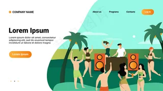 年轻人和dj一起享受热带日落派对。穿着泳衣的女孩和男孩在沙滩上随着音乐跳舞