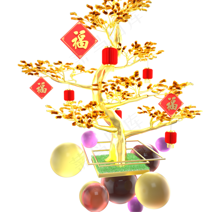 金色装饰福字发财树,免抠元素(2000X2000(DPI:72))psd模版下载
