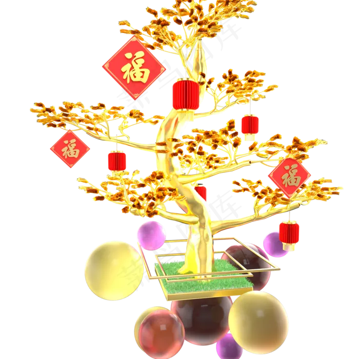 金色装饰福字发财树,免抠元素(2000X2000(DPI:72))psd模版下载