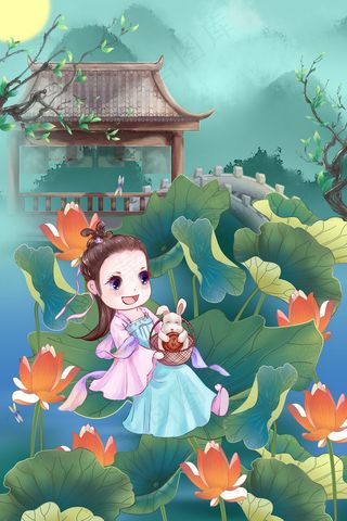 中秋月圆嫦娥玉兔送月饼荷塘月色山水风景中