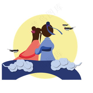 七夕情人节手绘牛郎织女矢量图