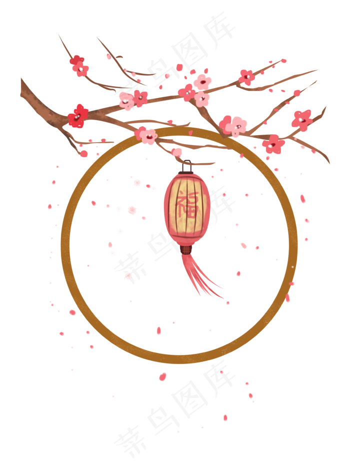 新年飘舞的梅花枝和灯笼png下载