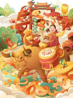 牛年插画 牛年海报 新春海报