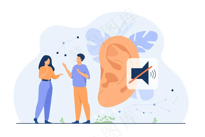两个聋子用手势说话，巨大的耳朵和哑巴的手势在背景中。听力损失、沟通、手语概念的矢量图eps,ai矢量模版下载