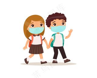 中小学生上学平面图。一对戴着医用面具的学生手牵着孤立的卡通人物。两个小学生