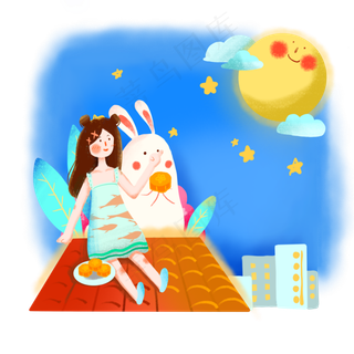 可爱少女八月十五中秋玉兔赏月吃