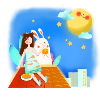 可爱少女八月十五中秋玉兔赏月吃
