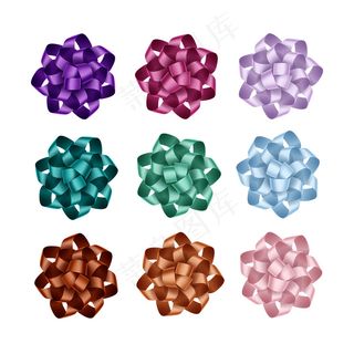一套深蓝色绿色祖母绿紫色紫罗兰粉色棕色礼品丝带蝴蝶结，白色背景上独立收视