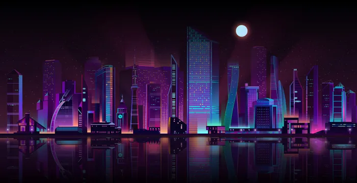 都市夜景霓虹卡通载体eps,ai矢量模版下载