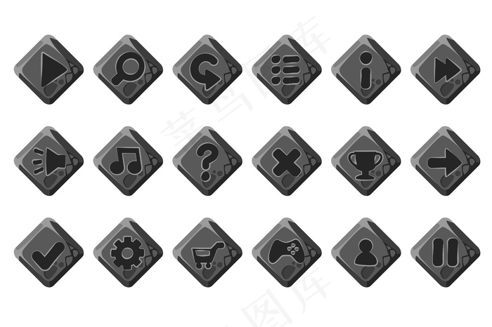 游戏菜单的卡通石头按钮。隔离灰色接口。