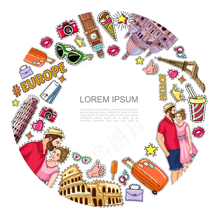 波普艺术旅游贴片圆形构图与著名景点情侣相机票眼镜袋冰淇淋苏打心冠贴纸eps,ai矢量模版下载