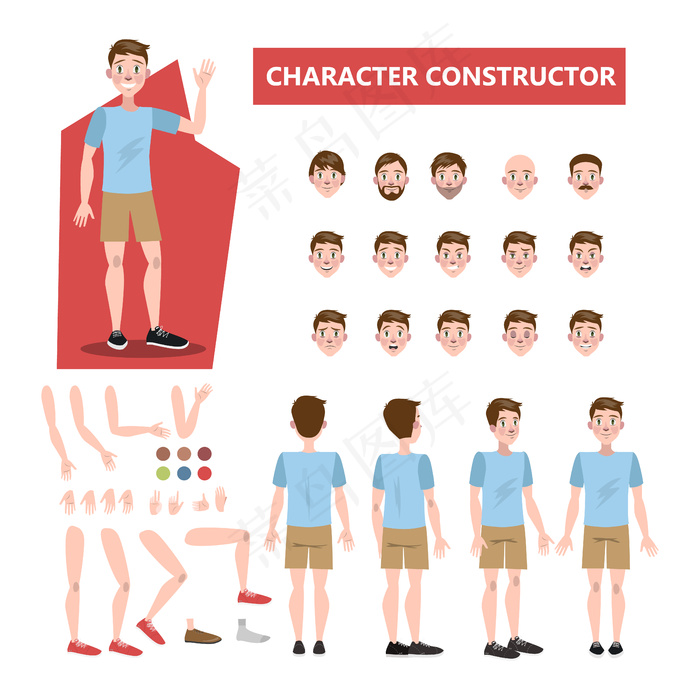 年轻帅哥角色集动画与各种观点，发型，情绪，姿势和手势。插图