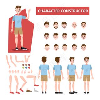 年轻帅哥角色集动画与各种观点，发型，情绪，姿势和手势。插图