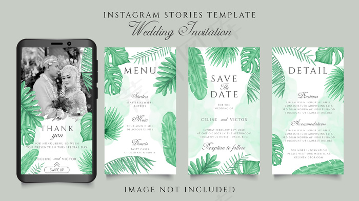 Instagram故事模板的婚礼邀请主题与绿色热带树叶花卉背景